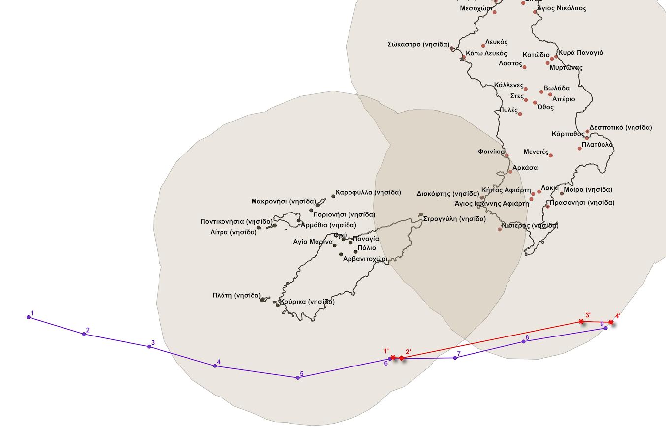 Εικόνα 1. Η απεικόνιση της θεωρητικής πορείας του ιταλικού ερευνητικού πλοίου «IEVOLI RELUME» σύμφωνα με την πρώτη/πρωταρχική, ελληνική, «NAVTEX No:693/2024 (17-20/07/2024)» (κουκίδες με «γαλάζια απόχρωση» και συνακόλουθη γραμμή με «γαλάζια απόχρωση» αριθμημένη, με τους αριθμούς της αντίστοιχης σχετικής προαναφερθείσας «NAVTEX», σαν «1-2-…-8-9») και η απεικόνιση της θεωρητικής πορείας του ιταλικού ερευνητικού πλοίου «IEVOLI RELUME» σύμφωνα με την νέα, δεύτερη και τελευταία, ελληνική, «NAVTEX No:718/2024 (23-24/07/2024)» (αστερίσκοι με «κόκκινη απόχρωση» και συνακόλουθη γραμμή με «κόκκινη απόχρωση» αριθμημένη, με τους αριθμούς της αντίστοιχης σχετικής προαναφερθείσας «NAVTEX», σαν «1’-2’-3’-4’»), των «οικισμών του Δήμου Κάσου» και των «οικισμών του Δήμου Καρπάθου» (κουκίδες με «μαύρη απόχρωση» και ονομασία, επίσης, με «μαύρη απόχρωση»), του «περιγράμματος του “Δήμου Κάσου”» και του «περιγράμματος του “Δήμου Καρπάθου”» (γραμμή με «μαύρη απόχρωση»), καθώς επίσης και η περιοχή των «6,00 (έξι) ναυτικών μιλίων», (περιοχή με «καφέ ανοιχτή απόχρωση» όπου η περιοχή με «ελαφρά σκούρα καφέ απόχρωση» αναπαριστά την κοινή/συμπίπτουσα περιοχή των “6,00 (έξι) ναυτικών μιλίων” των «Δήμου Κάσου» και «Δήμου Καρπάθου»), γύρω από το σύμπλεγμα των «Δήμου Κάσου» και «Δήμου Καρπάθου» (δεν χωράει ολόκληρη στον παρόντα χάρτη λόγω της επιλεχθείσας κλίμακας για πιο ευκρινή αναπαράσταση και η οποία επιτεύχθηκε με την χρήση του αλγόριθμου με την ονομασία «Buffer» του λογισμικού «Q.G.I.S.»), όπως απεικονίζονται στο «ελεύθερο διαδικτυακά λογισμικό» «Q.G.I.S.» [3], μέσω και των σχετικών αρχείων που ανακτήθηκαν από την σχετική διαδικτυακή «πλατφόρμα» («ΕΛ.ΣΤΑΤ.»),[1,2,3.1-3.6].